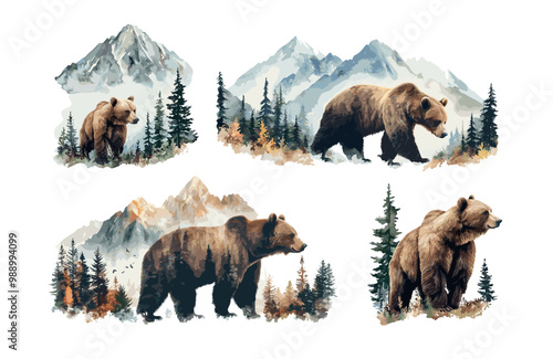 Forest brown bear watercolor vector scenes. Grizzly fur predator fangs claws animal for pines trees snow mountains peaks landscape isolated illustrations