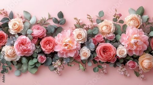Fototapeta Naklejka Na Ścianę i Meble -  delicate floral garland on blush pink background soft watercolor roses and peonies elegant calligraphy romantic pastel color palette