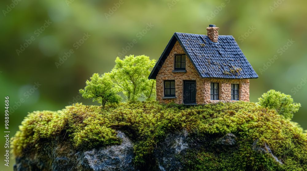 Miniature eco house in a mountains covered with moss, green friendly environment Miniature eco house in a mountains covered with moss, green friendly environment