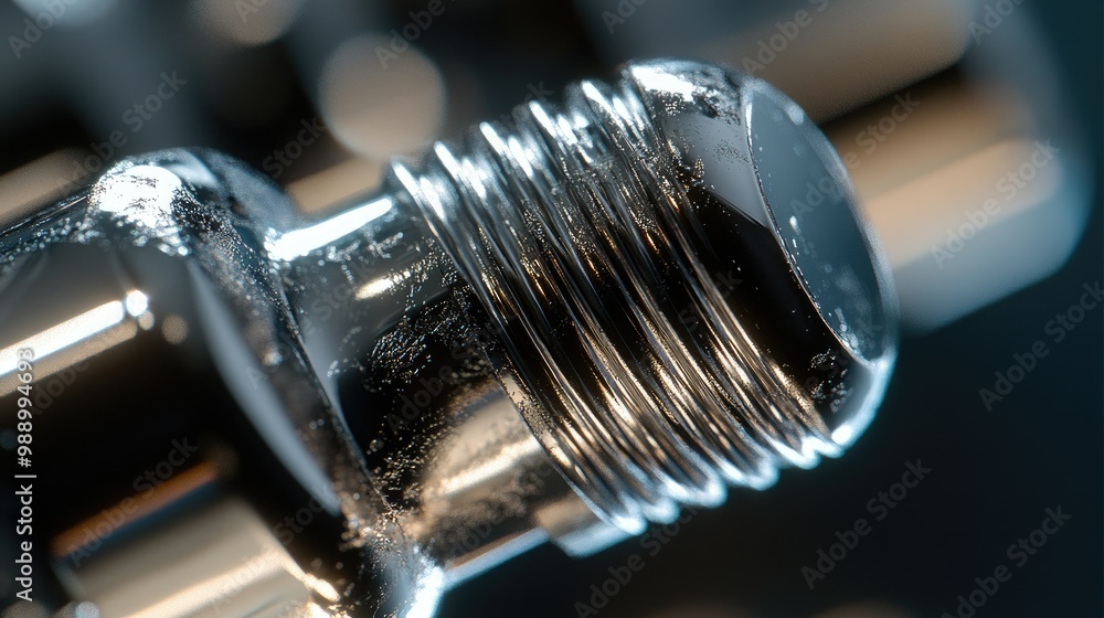 A macro shot of a chrome-plated screw, capturing the light reflections and fine scratches on the surface of the head. A macro shot of a chrome-plated screw, capturing the light reflections and fine scratches on the surface of the head.