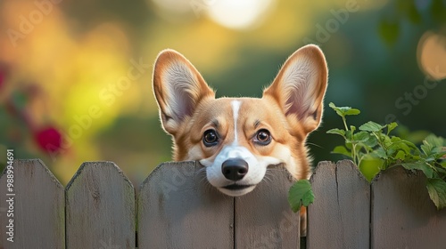 Adorable corgi peeking over a wooden fence in a garden setting with sunlight creating a warm and cheerful atmosphere. photo