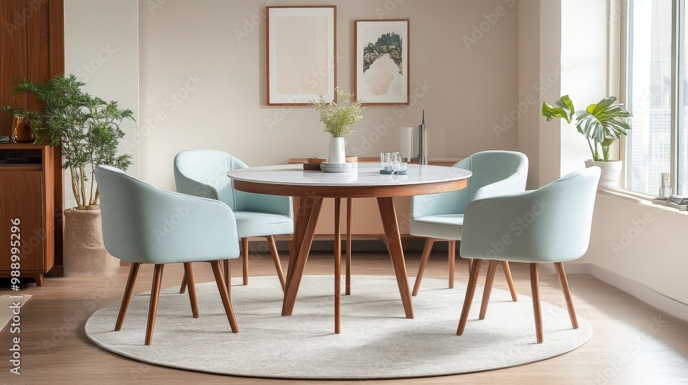 Modern Walman dining table with four mint-colored chairs, round top, and wood legs in a room setting. Modern Walman dining table with four mint-colored chairs, round top, and wood legs in a room setting.