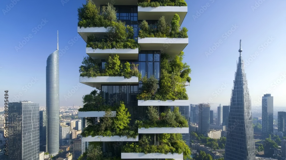 Obraz premium Nature-Infused Urban Planning, A city where buildings are designed with green spaces, trees growing on balconies, and park-like spaces between skyscrapers.