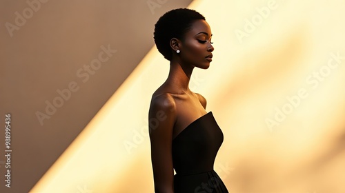 A model wearing an elegant evening gown, standing against a minimalist backdrop, highlighting the dresss flowing silhouette. photo