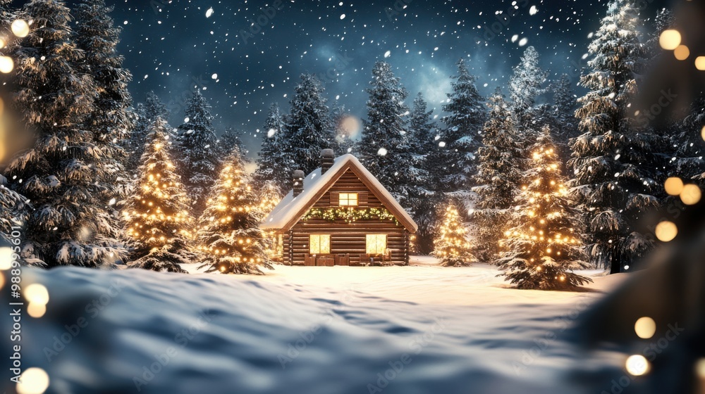 Naklejka premium Cozy Cabin in a Snowy Forest with Christmas Trees