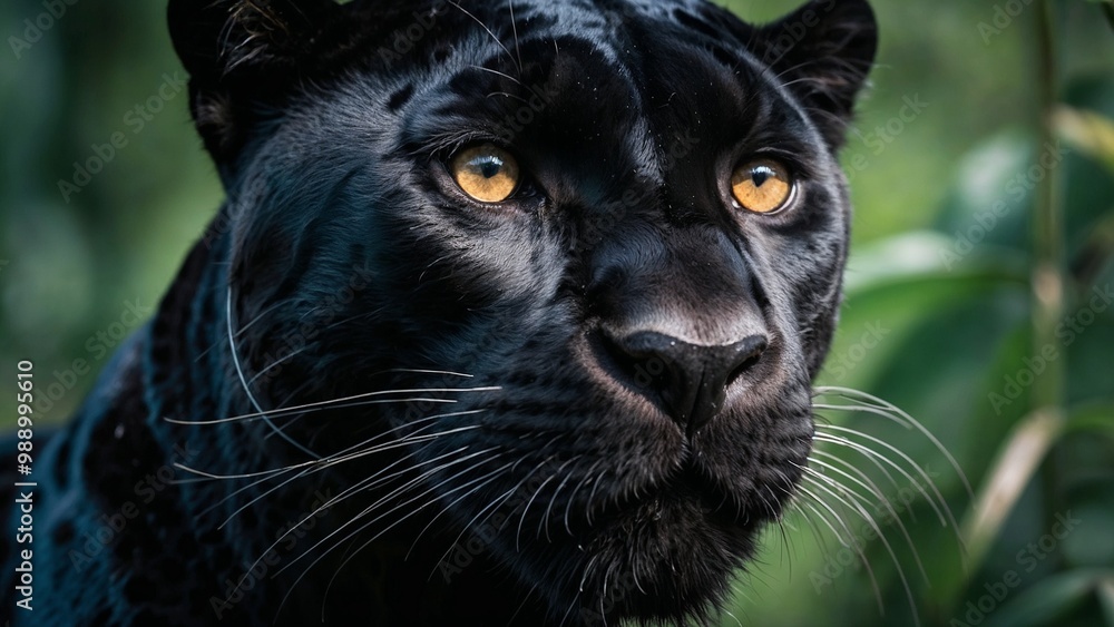 Black panther with intense gaze in a powerful expression against a blurred jungle background Black panther with intense gaze in a powerful expression against a blurred jungle background