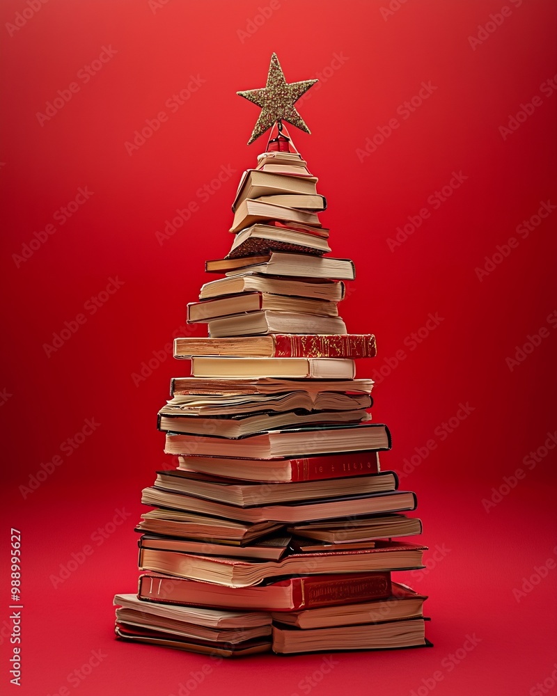A stack of books in the shape of a Christmas tree decorated with a star on a red background. Alternative Christmas tree decoration concept. Merry Christmas and Happy New Year. Stage for product sale A stack of books in the shape of a Christmas tree decorated with a star on a red background. Alternative Christmas tree decoration concept. Merry Christmas and Happy New Year. Stage for product sale