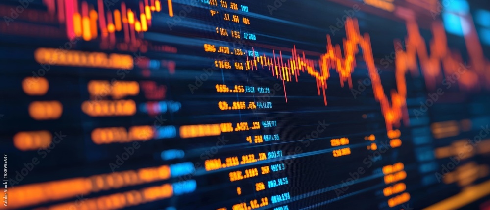 Fototapeta premium Abstract financial chart with data visualization and glowing lines on dark background.