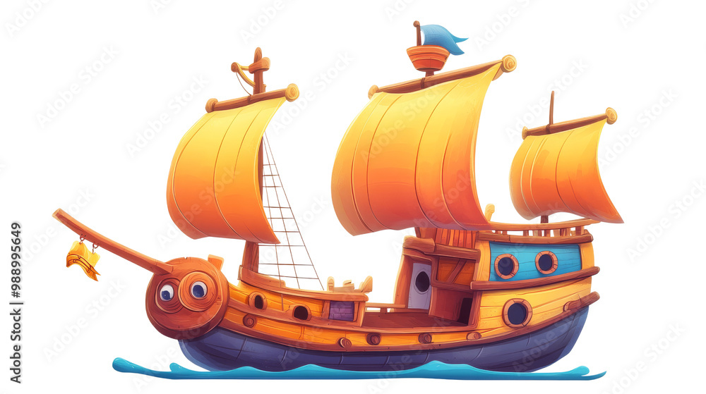 Naklejka premium Cartoon Ship Sailing On The Sea.