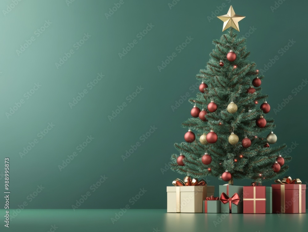 Decorated Christmas Tree with Presents on Green Background Decorated Christmas Tree with Presents on Green Background