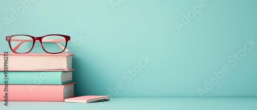 Books and glasses on a turquoise background, perfect for study and education themes.