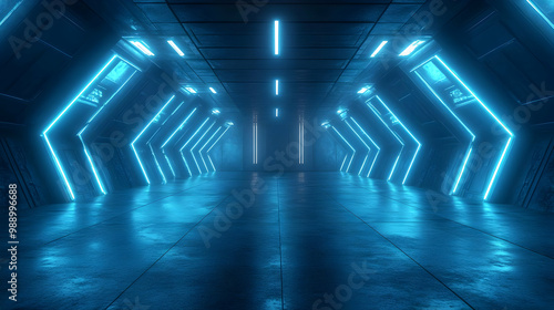 3D Futuristic Neon Blue Hallway Illustration