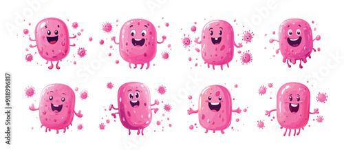 Funny microbe cartoon vector set. Positive bulb thorns bacteria purple molecule micro organism virus germ pathogen character, illustrations isolated on white background