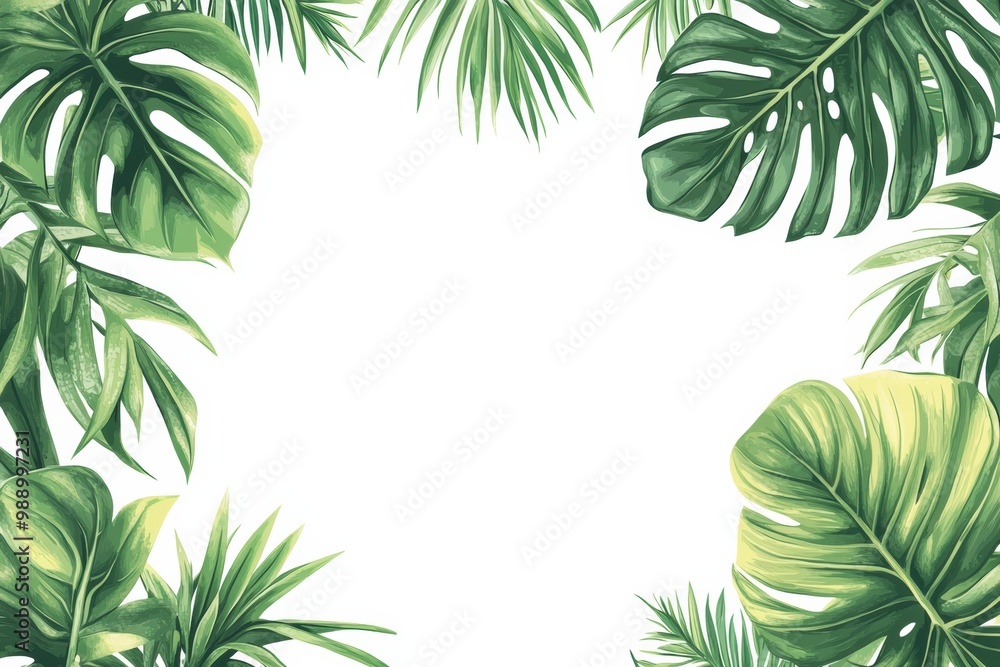 Tropical leaves frame on a white background, perfect for creative designs. Tropical leaves frame on a white background, perfect for creative designs.