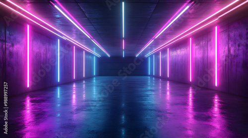 Neon Lights in a Concrete Corridor 3D Illustration