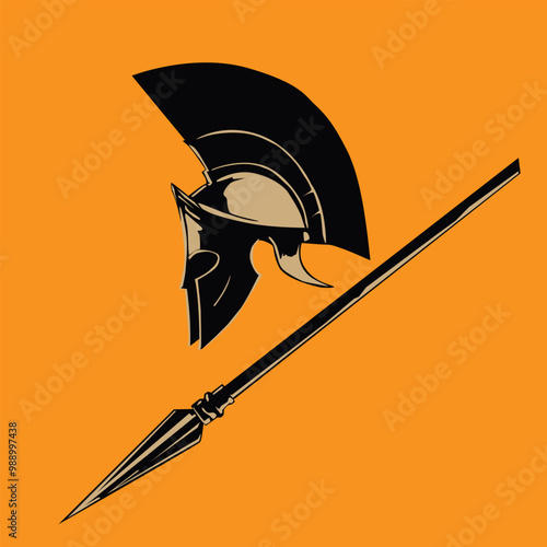 Antique helmet with spear. Vector illustration isolated on orange background for design of your illustrations and scenes in antique style