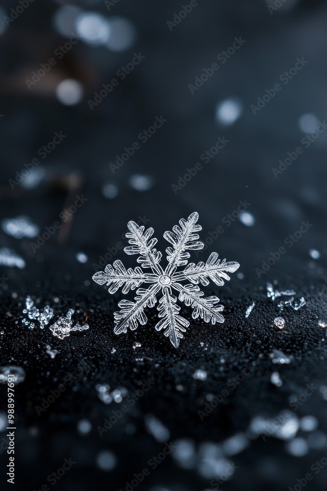 A single snowflake resting on a dark surface A single snowflake resting on a dark surface