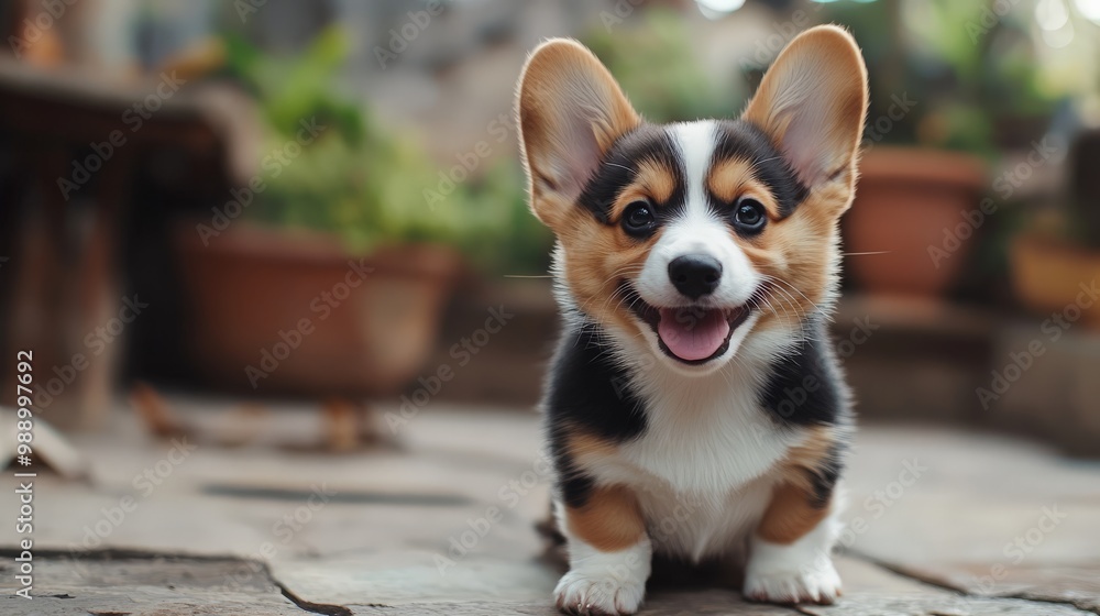 Adorable Corgi puppy with large ears sitting on the patio, surrounded by plants, looking cheerful and playful. Adorable Corgi puppy with large ears sitting on the patio, surrounded by plants, looking cheerful and playful.