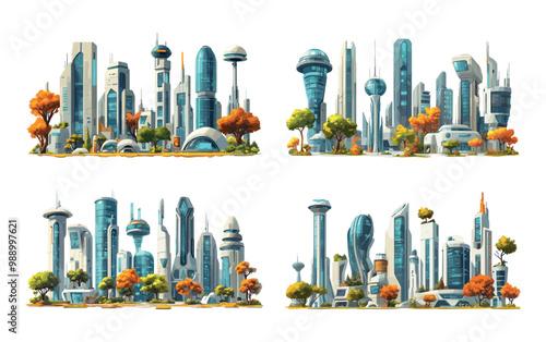 Futuristic skyscrapers cartoon vector set. Modern glasses trees towers multi storey residential office urban buildings, city future architecture cityscapes illustration isolated on white background