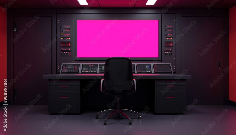 Futuristic control room with an empty chair and vibrant screens. Futuristic control room with an empty chair and vibrant screens.