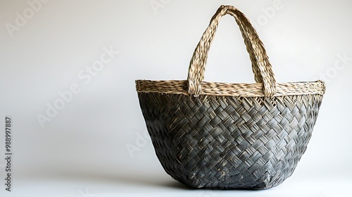 A woven rattan basket, simple and elegant, rests isolated against a white backdrop.