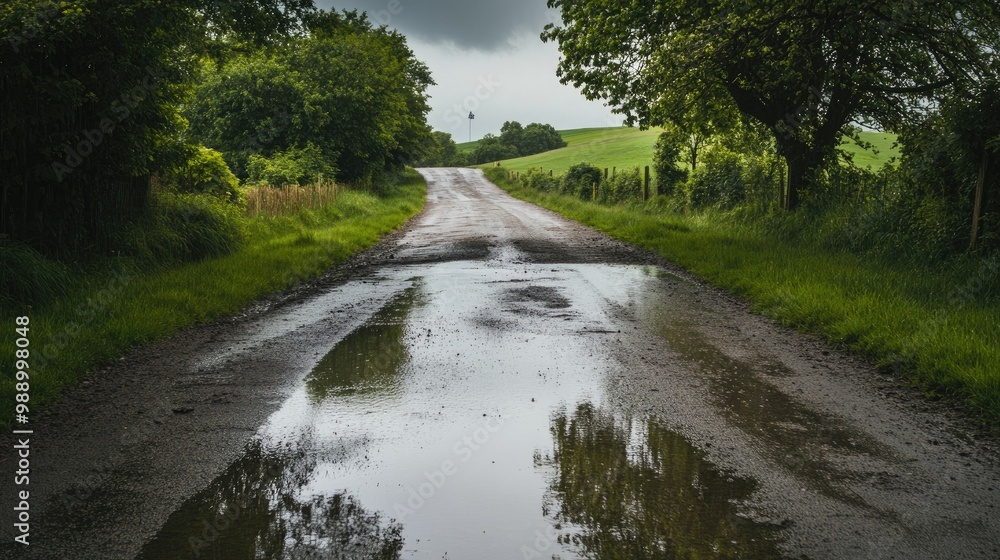 A quiet country road with large puddles formed by the rain, flanked by lush green trees and grey skies. A quiet country road with large puddles formed by the rain, flanked by lush green trees and grey skies.