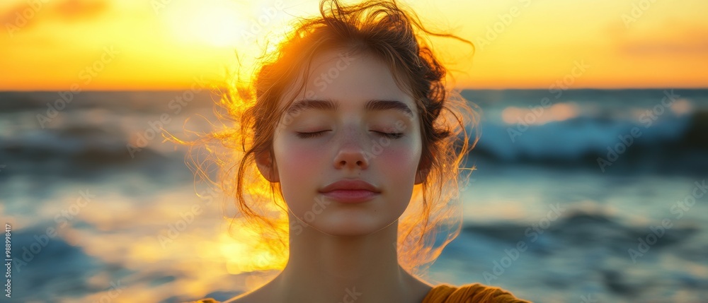 A serene portrait of a woman with closed eyes, set against a vibrant sunset over the ocean, conveying a sense of peace and tranquility A serene portrait of a woman with closed eyes, set against a vibrant sunset over the ocean, conveying a sense of peace and tranquility