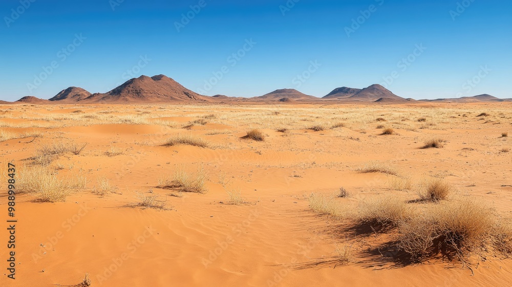 A remote desert with tall sand dunes and sparse dry plants, clear space for text. No people, copy space A remote desert with tall sand dunes and sparse dry plants, clear space for text. No people, copy space