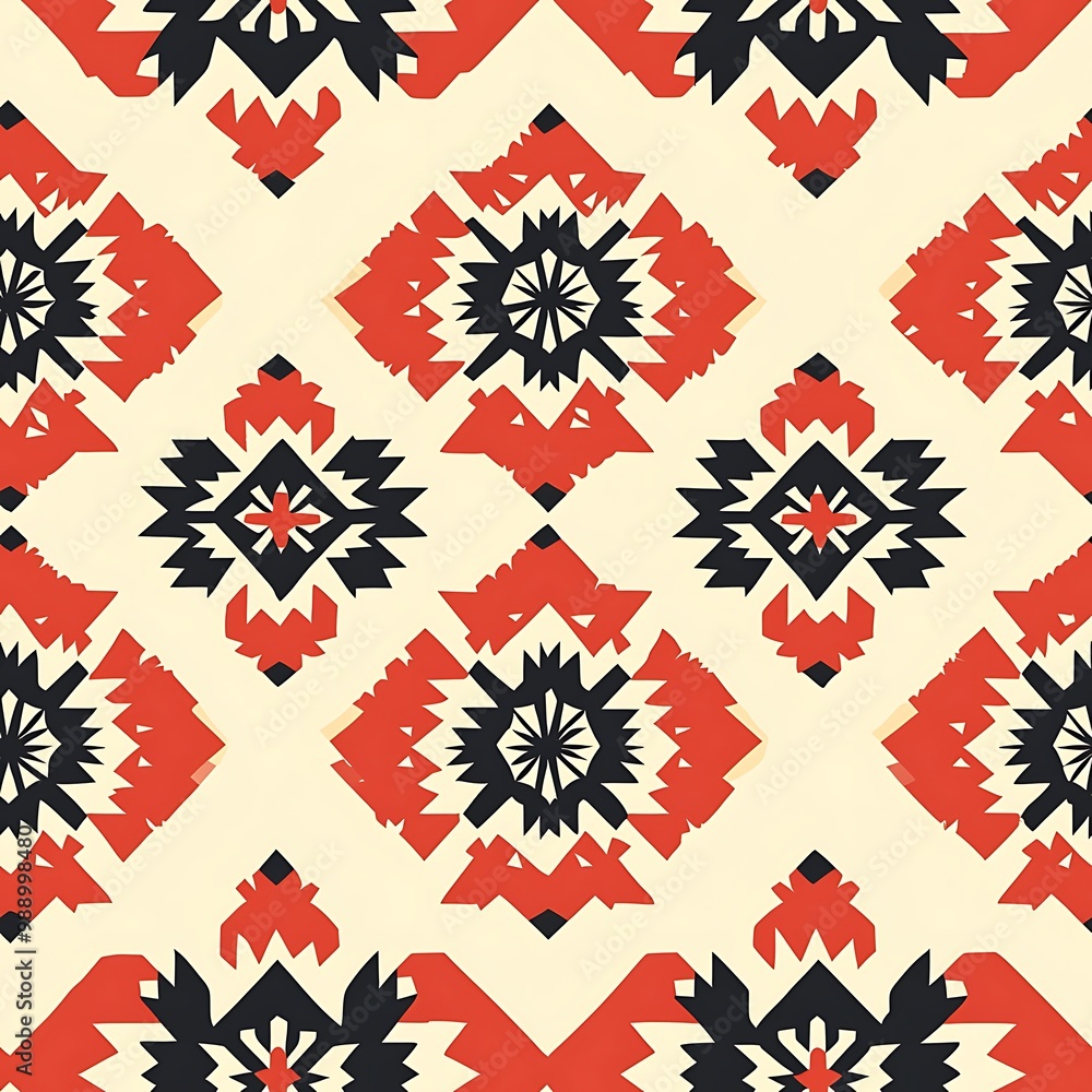An endless pattern of red, black, and white shapes forms a striking geometric backdrop. An endless pattern of red, black, and white shapes forms a striking geometric backdrop.