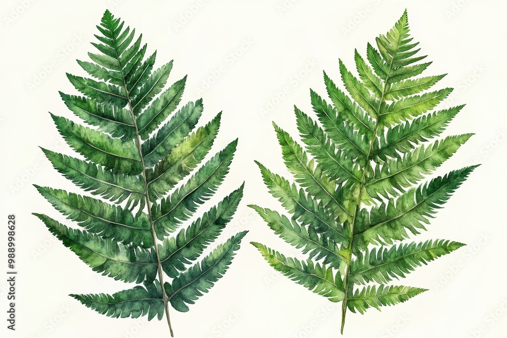 Two vibrant green fern leaves on a soft, pale background Two vibrant green fern leaves on a soft, pale background