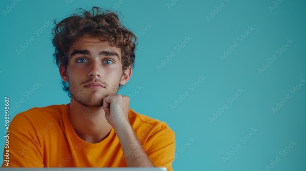 A young man with curly hair and blue eyes rests his chin on his hand, looking thoughtfully towards the camera against a turquoise background A young man with curly hair and blue eyes rests his chin on his hand, looking thoughtfully towards the camera against a turquoise background