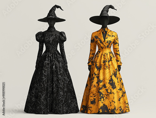 Two elegant witch dresses in black and yellow on white isolate background. photo