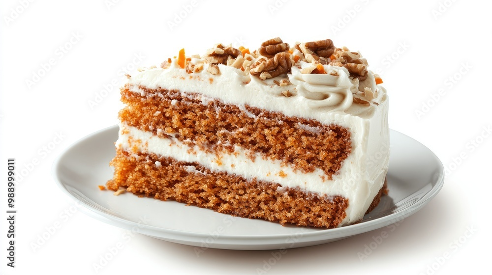 A slice of carrot cake with cream cheese frosting, resting on a plain plate with visible carrot shavings and walnut pieces, isolated on white. A slice of carrot cake with cream cheese frosting, resting on a plain plate with visible carrot shavings and walnut pieces, isolated on white.