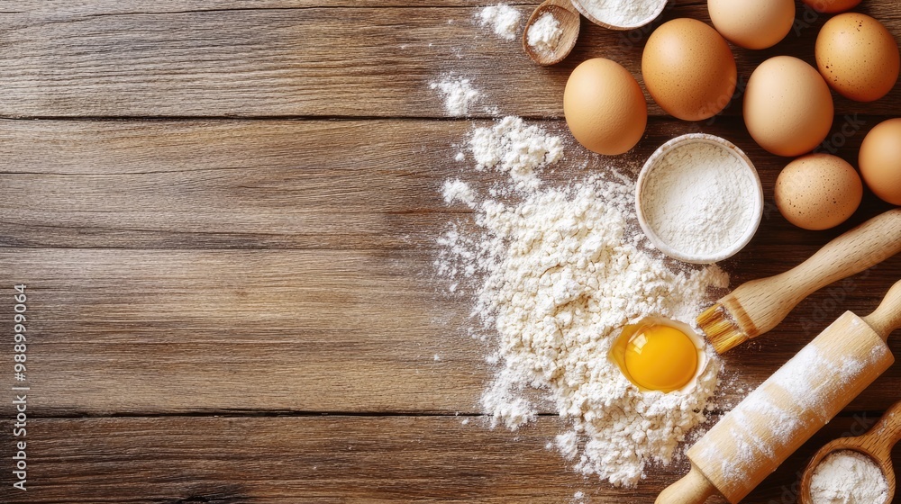 A flat lay of baking ingredients, including flour, eggs, and rolling pins, spread across a brown wooden surface, evoking warmth and homeliness. A flat lay of baking ingredients, including flour, eggs, and rolling pins, spread across a brown wooden surface, evoking warmth and homeliness.