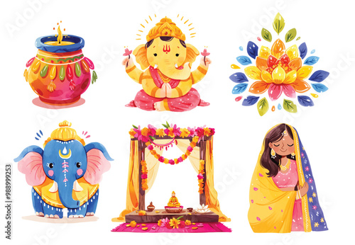 Watercolor Diwali clipart set, vector eps.
