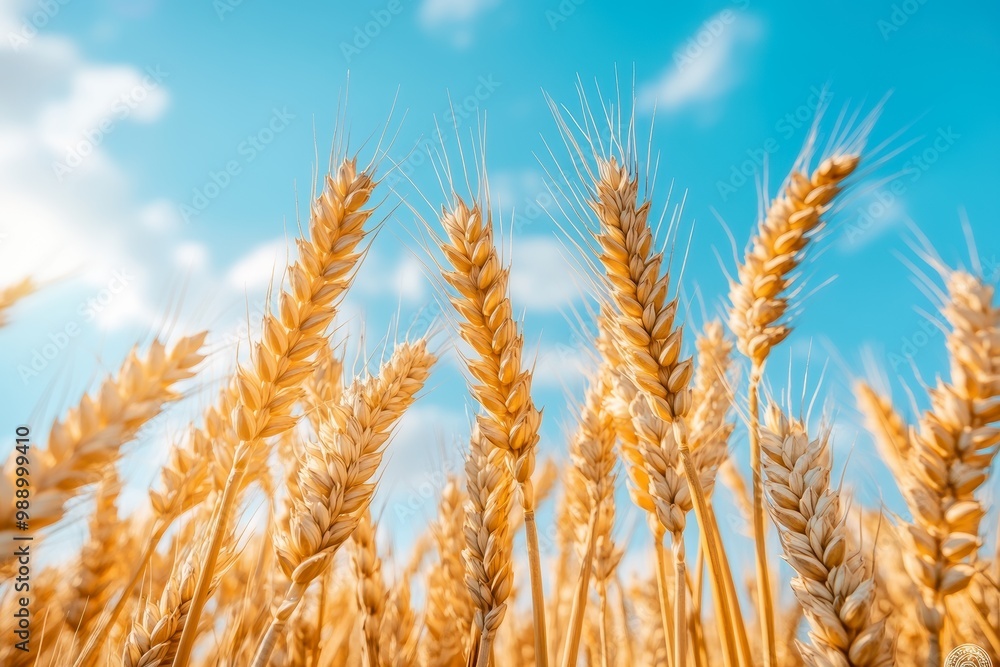 A close-up view of golden wheat stalks against a bright blue sky with fluffy clouds, symbolizing abundance and the harvest season A close-up view of golden wheat stalks against a bright blue sky with fluffy clouds, symbolizing abundance and the harvest season