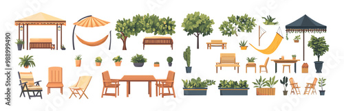 Garden furniture cartoon vector set. Wooden sofa table timber chairs hammock swing pots ivy bush plant gazebo umbrella terrace patio lounge backyard elements, isolated illustrations