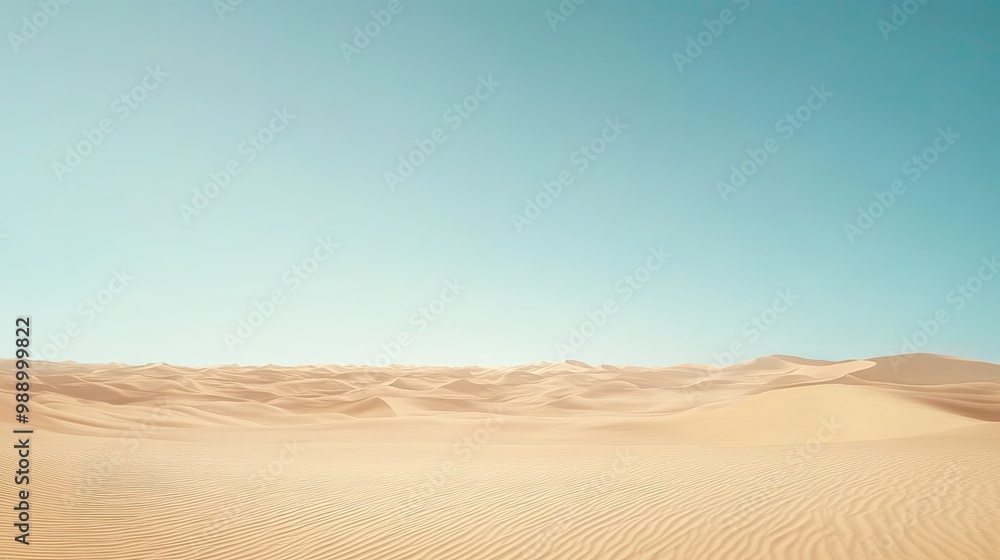Fototapeta premium A wide view of a vast sandy desert with rippled dunes under a clear sky, perfect for text overlay. No people, copy space