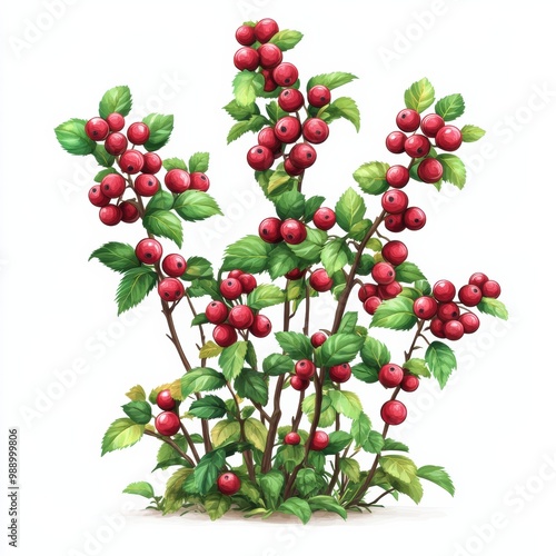 Vibrant berry bush with lush green leaves, isolated on white background.