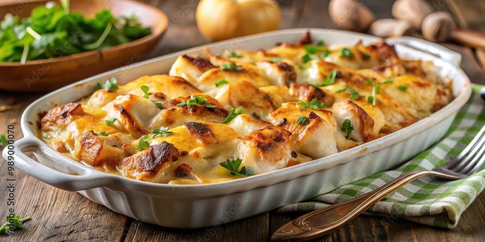 Potato casserole topped with grilled chicken, caramelized onions, and melted cheese Potato casserole topped with grilled chicken, caramelized onions, and melted cheese