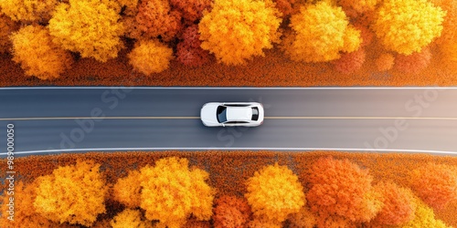 A car drives along a winding road surrounded by vibrant autumn foliage, showcasing the beauty of fall colors from an aerial perspective. photo