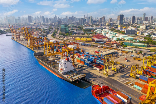 Canvas Print Container ship shipping lines in import export business logistics crane harbor metropolis