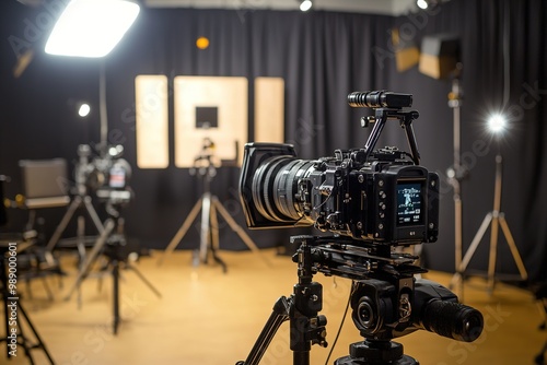 Professional camera setup in a studio with lighting equipment.