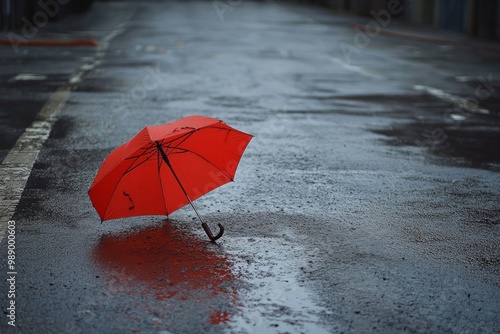 A solitary umbrella left behind on a deserted street, representing abandoned protection or shelter from emotional storms