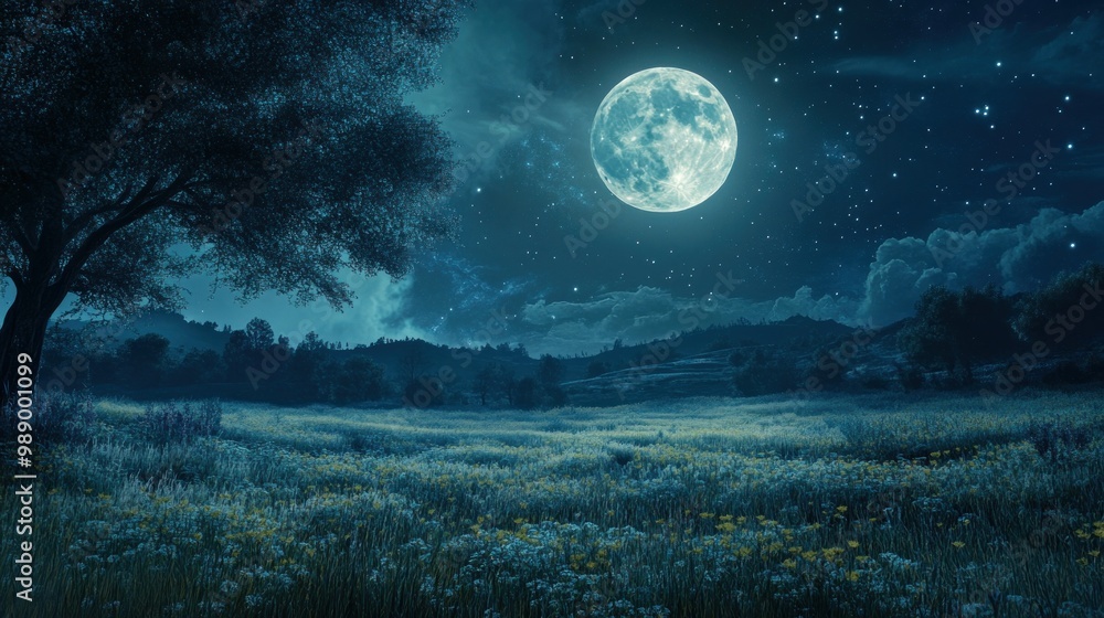 Serene Moonlit Night Over a Peaceful Meadow Landscape Serene Moonlit Night Over a Peaceful Meadow Landscape