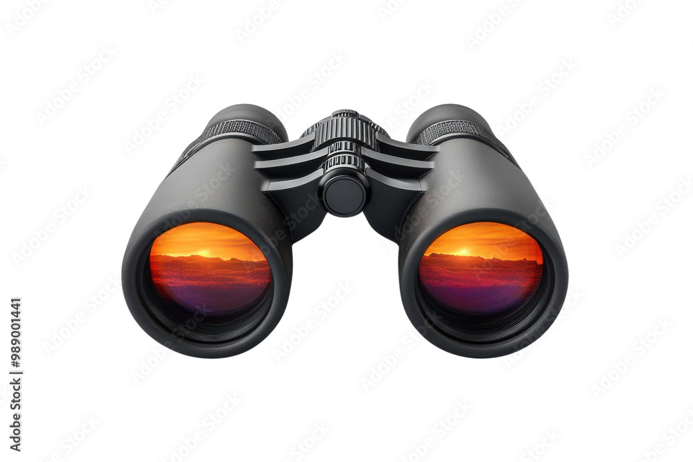 Binoculars with colorful lenses capturing a sunset view, isolated on a white background. Binoculars with colorful lenses capturing a sunset view, isolated on a white background.