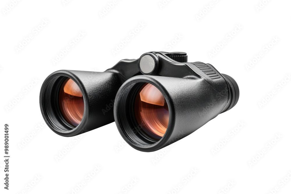 Black binoculars with a sleek design showcasing detailed optics, isolated on a white background. Black binoculars with a sleek design showcasing detailed optics, isolated on a white background.