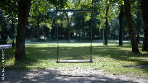 Empty swing set swaying gently in a quiet park, leaving plenty of room for copy