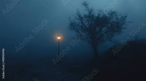 A street lamp is lit up in the fog