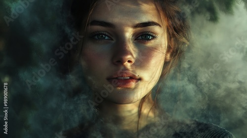 Ethereal Portrait of a Woman Surrounded by Mystical Fog